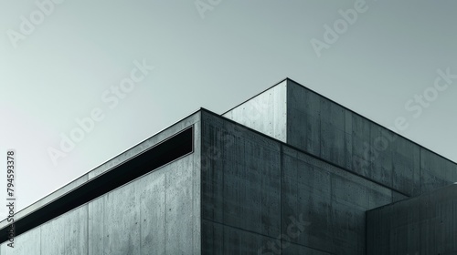 The smooth, clean lines of a modern architectural structure against a clear sky, the starkness serving as a canvas for the interplay of form and light. photo
