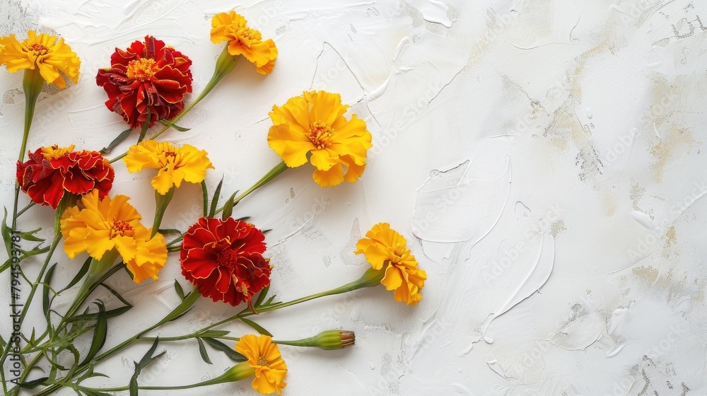 Bright yellow and red marigolds displayed against a white backdrop with space for text
