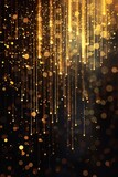 Abstract glowing gold vertical lines on a dark background with a luxurious lighting effect, enhanced by sparkles, ideal for elegant design use