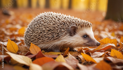 Hedgehog Ambling through Autumn Leaves