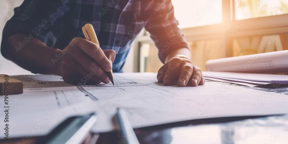 Macro close up of quantity surveyors hand reviewing technical drawing. - obrazy, fototapety, plakaty 