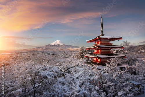 Chureito Pagoda with the background of Mount Fuji during winter. This is one of the famous spot to take pictures of Mount Fuji. photo