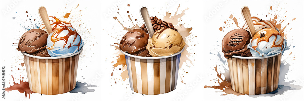 Three cups of ice cream with toppings, splashes create a dynamic effect. Each cup has a wooden spoon - obrazy, fototapety, plakaty 