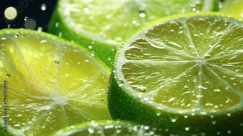 Slices of fresh green lime with fizzy sparkling water juice. Lime fruits cut texture pattern.