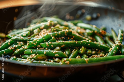 Green beans with sesame in pan, steam visible