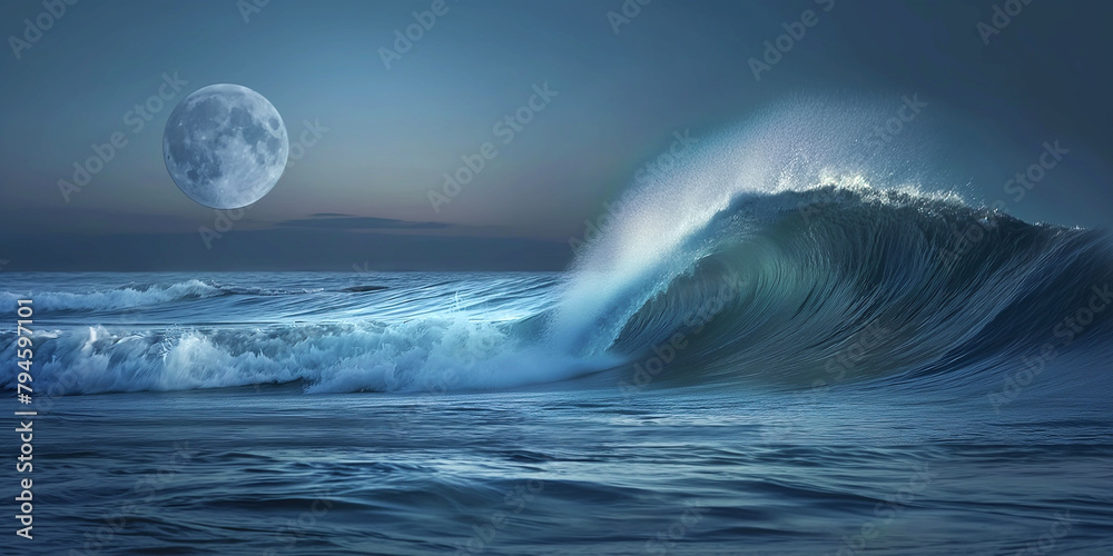 Fototapeta premium World Ocean's Day with little single wave in the open ocean at night with full moon