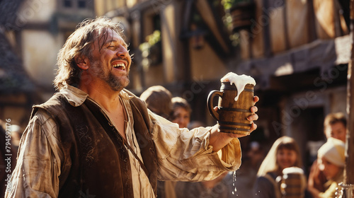 Drunken peasant raises his tankard with a smile on his face photo