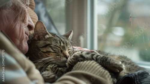 An intimate portrait of a cat curled up in the lap of its owner, both enjoying a quiet afternoon by the window, basking in the comfort of each other's presence.