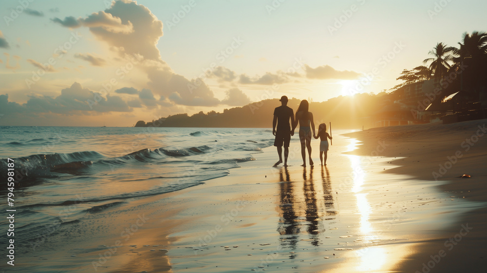 A family of three is walking on the beach at sunset