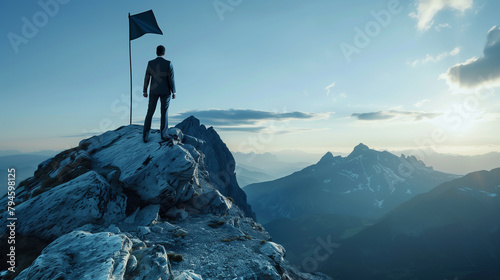A man stands on a mountain top holding a flag © Sunshine
