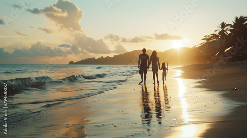 A family of three is walking on the beach at sunset photo