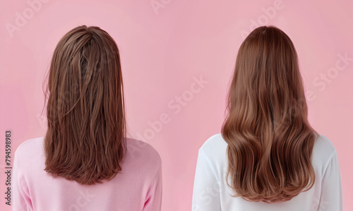 Collage showing damaged and healthy hair. Woman before and after hair treatment on pink background, back view. 
