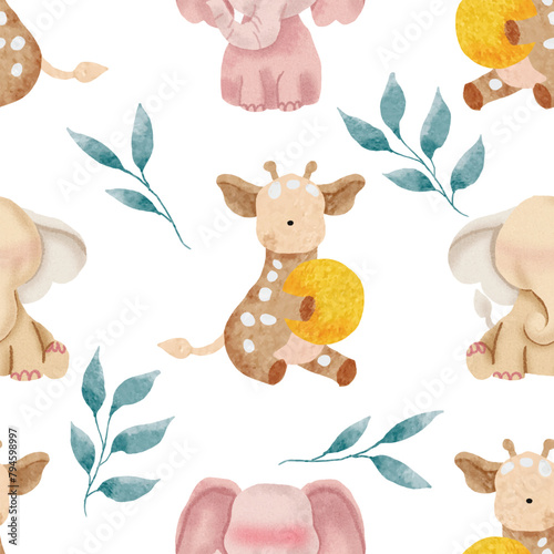 Cute Watercolor Giraffe and Elephant Seamless Pattern