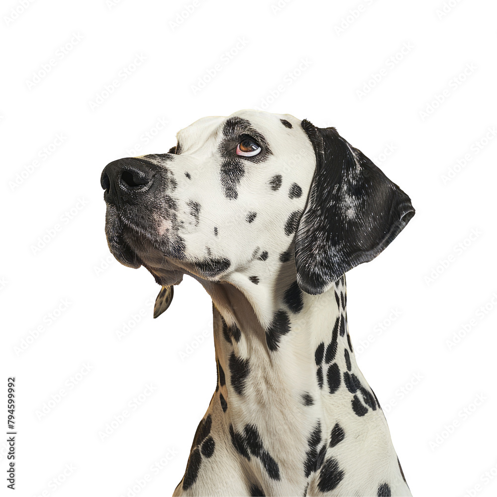 A stunning studio headshot portrait captures a Dalmatian dog gazing ahead against a vibrant yellow backdrop isolated on transparent background