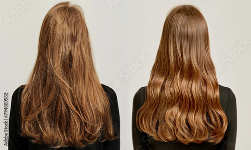 Woman before and after hair treatment, back view. Collage showing damaged and healthy hair.