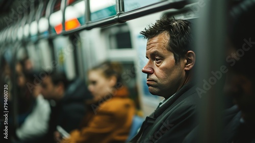 Contemplative Passenger in Subway Car