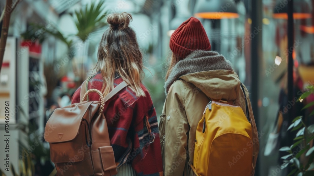 Obraz premium Two friends catching up as they peruse the latest designer handbags. . .