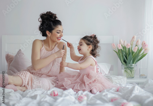 mother and daughter doing makeup in a pink dress, in a white room with tulips on the table, light background, the mother is sitting down, the child standing up holding a cosmetic brush