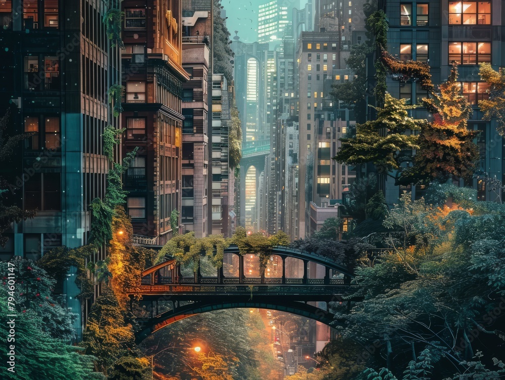 Fototapeta premium A photo of an overgrown city with a bridge in the foreground.