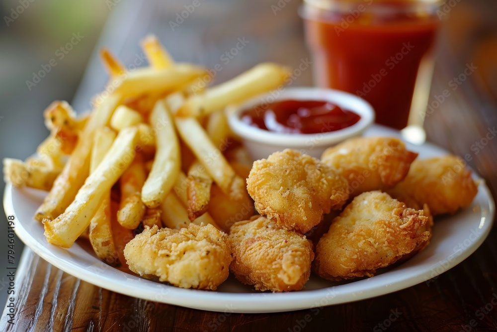 Chicken nuggets and french fries on white plate with ketchup Chicken nuggets and french fries on white plate with ketchup