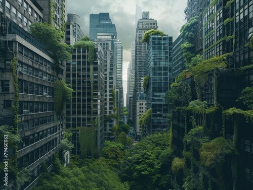 A photo of an overgrown city with skyscrapers covered in plants and trees.