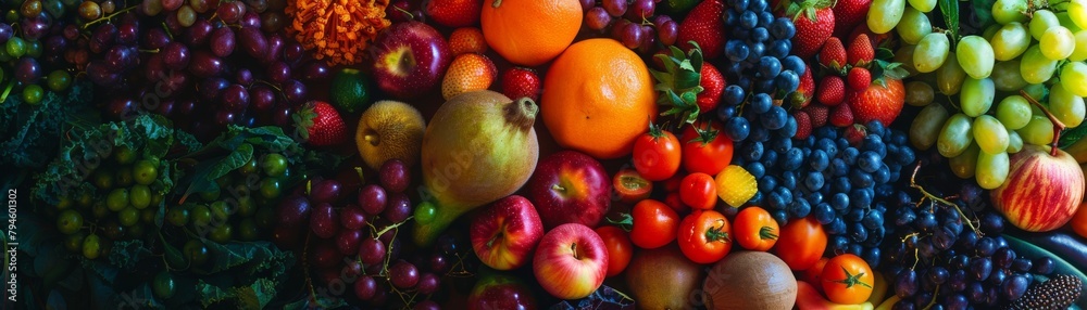 A variety of fruits, including apples, grapes, oranges, and strawberries