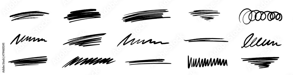 Line brush marker, pen, pencil stroke vector. Line brush marker scribble sketch underline. Hand drawn doodle pencil scratch mark. Scrawl texture underline effect. Vector illustration.
