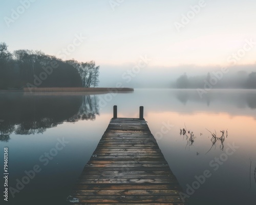 A wooden dock jutting out into a still lake on a foggy morning.