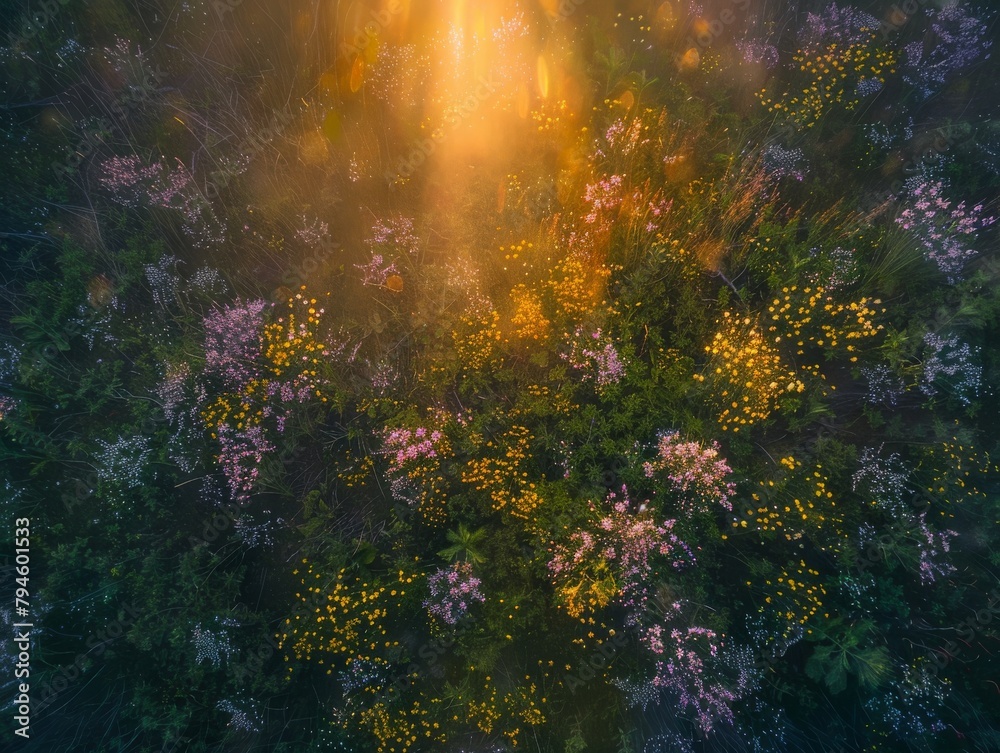 An aerial view of a field of flowers with the sun shining through the clouds.