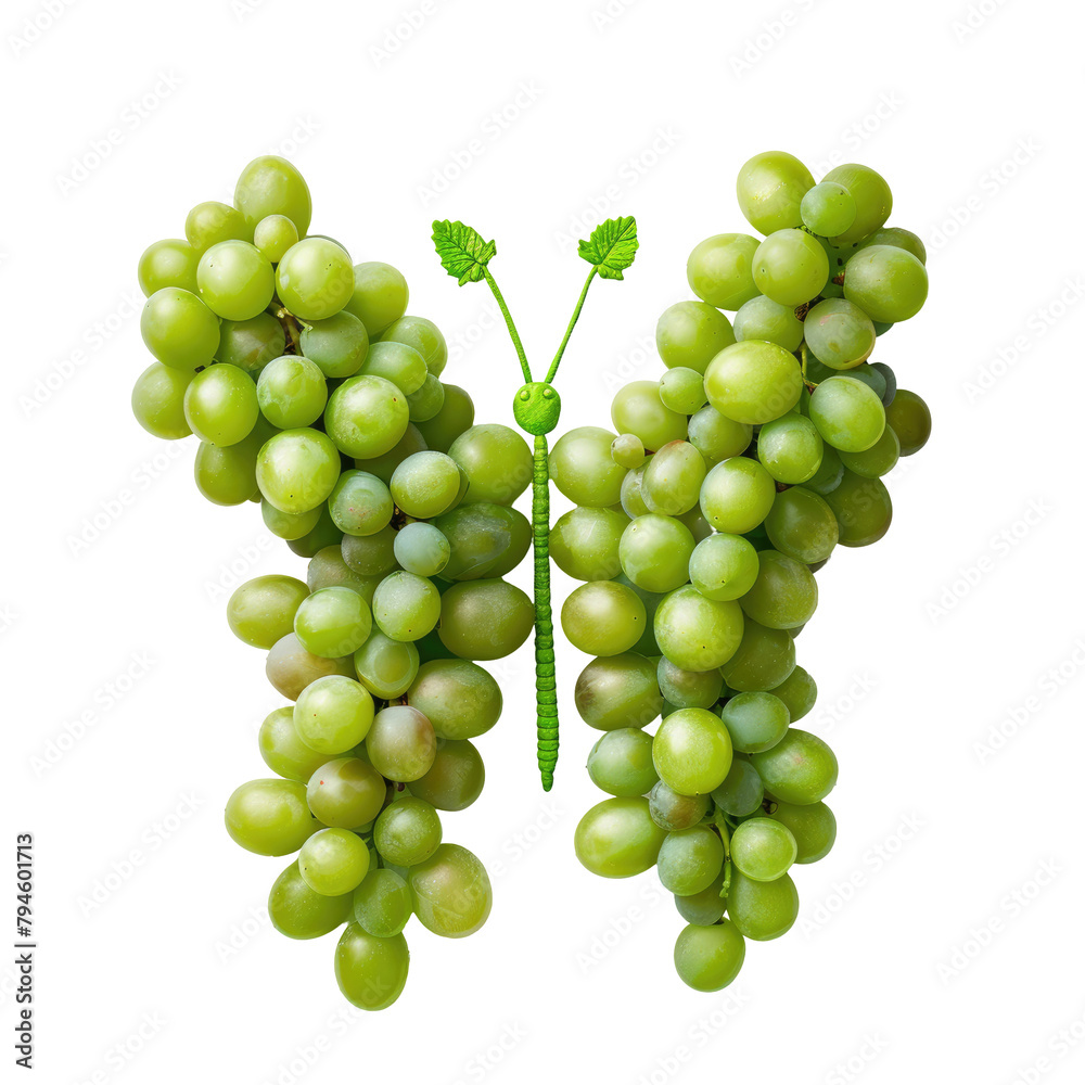 A creative concept featuring a cluster of fresh green grapes on transparent background arranged in the shape of a butterfly This top view flat lay showcases the whimsical combination of fruit wit A creative concept featuring a cluster of fresh green grapes on transparent background arranged in the shape of a butterfly This top view flat lay showcases the whimsical combination of fruit wit
