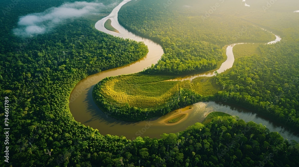 An aerial view of the Amazon rainforest in South America - obrazy, fototapety, plakaty 