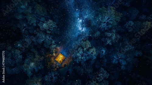 An aerial view of a tent in the middle of a forest at night, surrounded by tall trees and a starry sky.