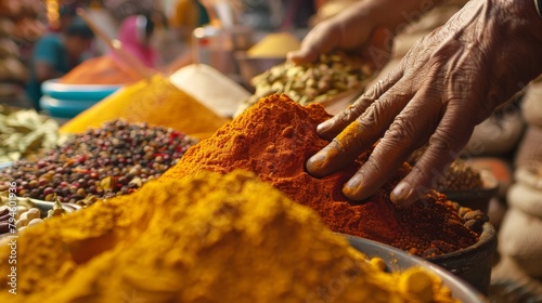 Fototapeta Naklejka Na Ścianę i Meble -  An Indian spice market with a man's hand sifting through a pile of bright orange turmeric powder.