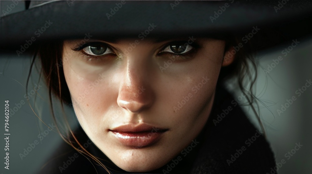 A captivating close-up of a fashion model, her gaze piercing through the camera, the brim of an elegant black hat casting a soft shadow that accentuates the mystery in her eyes. A captivating close-up of a fashion model, her gaze piercing through the camera, the brim of an elegant black hat casting a soft shadow that accentuates the mystery in her eyes.