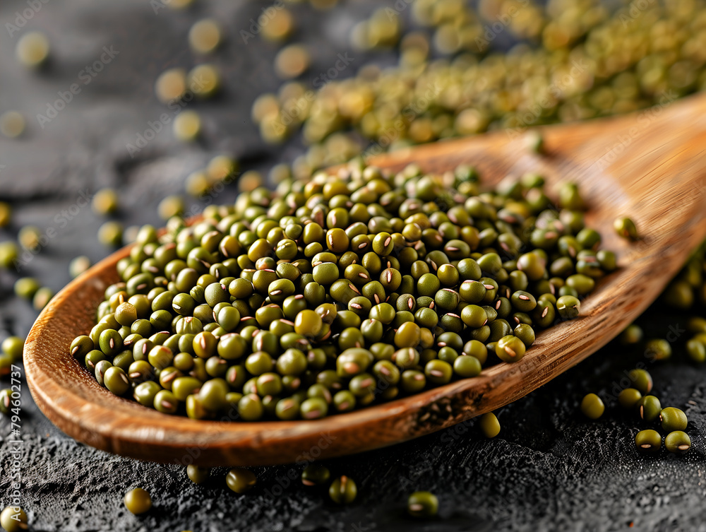 wooden spoon filled with green mung beans wooden spoon filled with green mung beans