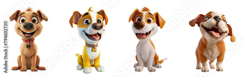 Set of 3D cute happy cartoon dog, isolated on white background, png photo