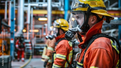 Firefighters train in a controlled industrial environment, preparing for emergency responses
