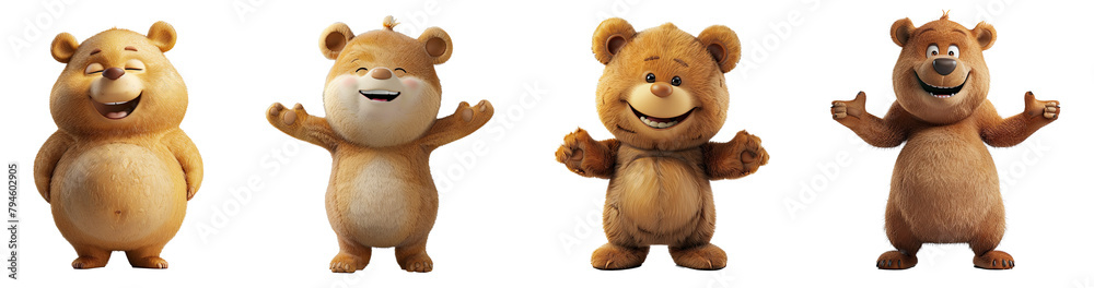 Set of 3D cute happy cartoon bear, isolated on white background, png Set of 3D cute happy cartoon bear, isolated on white background, png