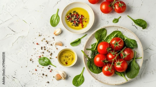 Plate with tomatoes spinach oil pumpkin seed garlic and pepper on white surface viewed from above