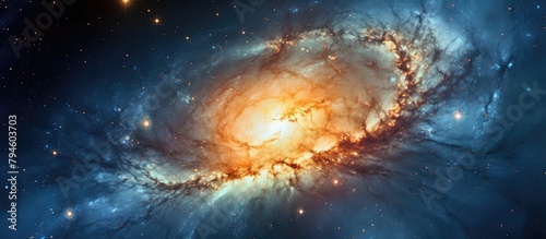 Spiral galaxy with luminous orange core amid surrounding stars