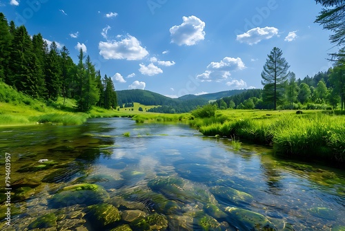 Beautiful summer landscape with a clear river in the forest, green grass and a blue sky with clouds