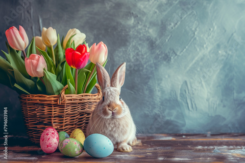 Easter composition with bunny and colorful eggs in basket, bouquet tulip on kitchen wooden table. Spring decor with space for text © MALIK