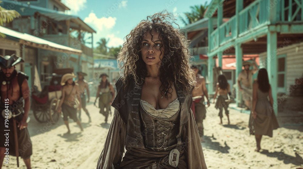 Black female pirate captain walks down a Caribbean street
