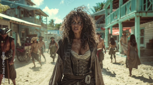 Black female pirate captain walks down a Caribbean street © Charlie