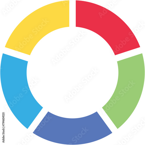 Separate doughnut graph pie charts icon with 5 colorful parts. Morden flat design vector circular diagram or infographic illustration for logo button banner app ui ux web isolated on white background
