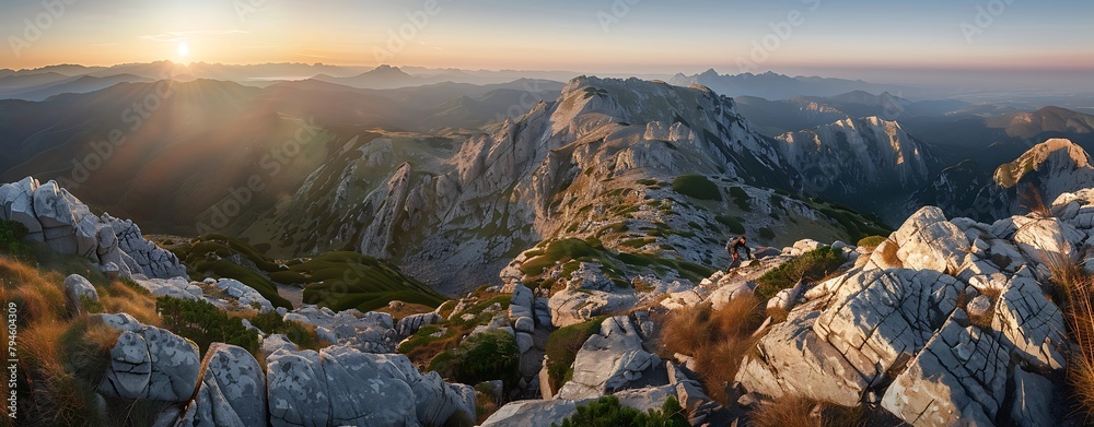 A panoramic view of the valley, with rocks and mountains in motion, overlooking a valley at sunrise. The scene is bathed in soft light