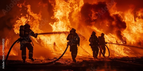 A dramatic scene of firefighters advancing with hoses, their silhouettes set against a backdrop of towering flames, showcasing their courage and determination in the face of danger.