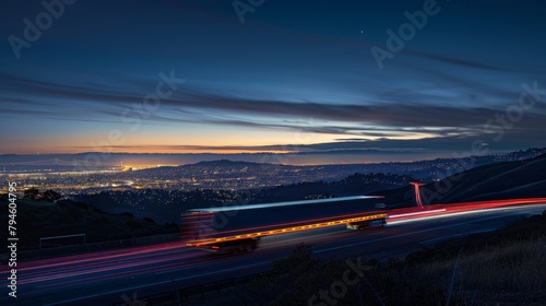 A dramatic view of a truck cresting a hill, the city lights in the distance blending into a sea of colors as the truck speeds towards its destination in the early hours of the morning.