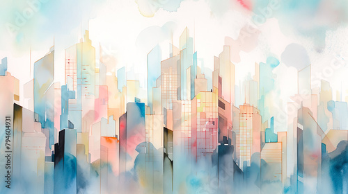 淡い色彩の高層ビルが建ち並ぶ都市の水彩イラスト風景