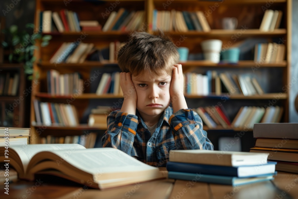 Tired child among books Tired child among books